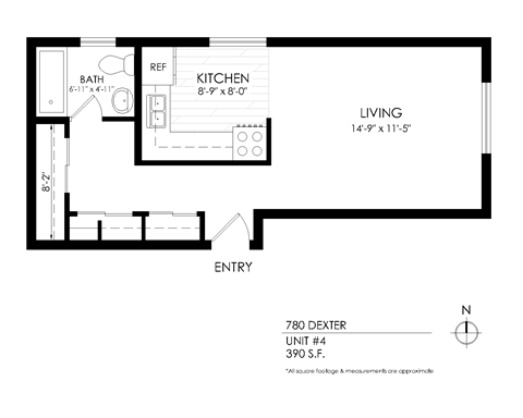 Floor plan for studio, 1 bath, 390 sqft